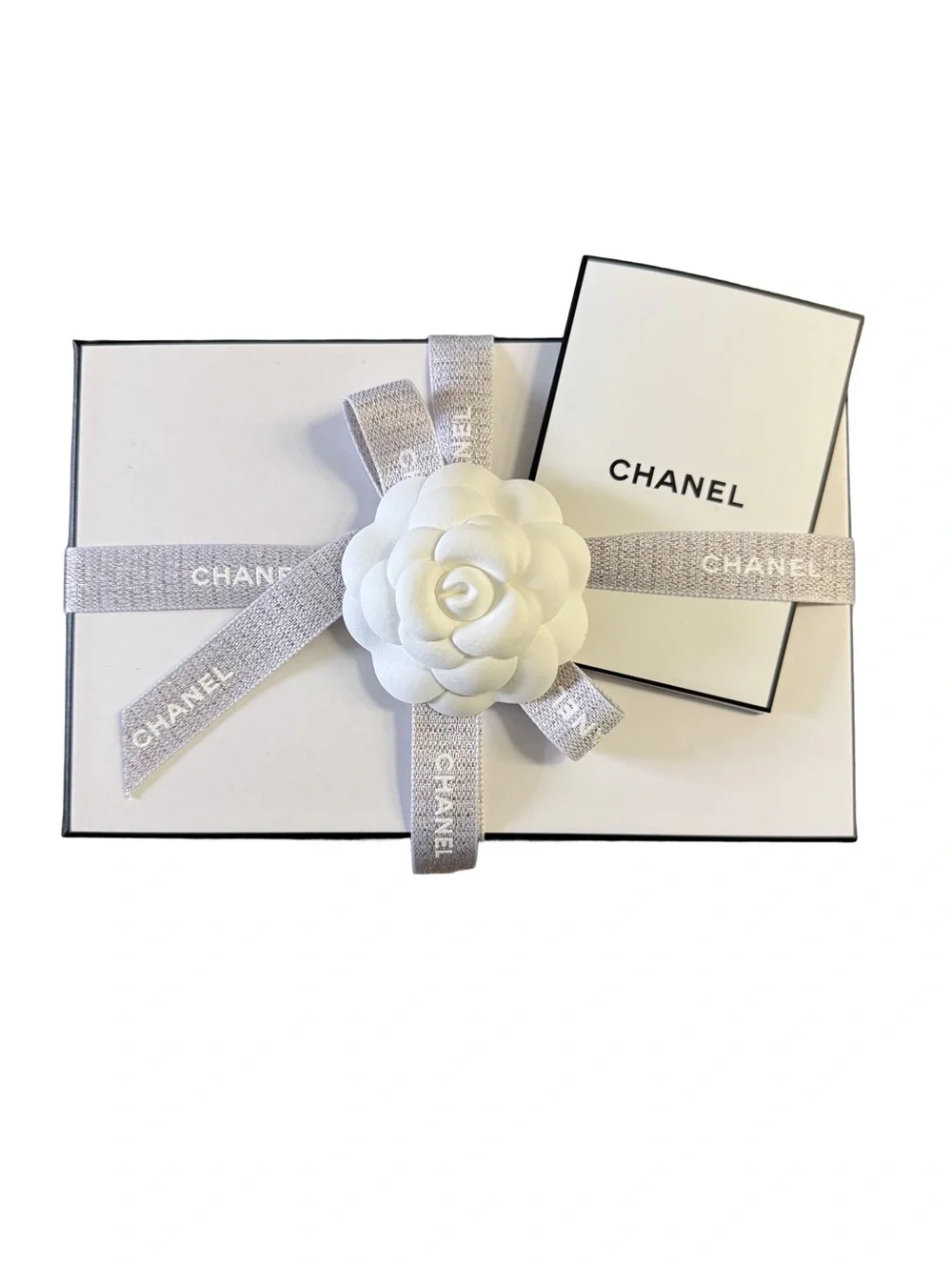 CHANEL White Camellia Floral Ribbon Accent with Silver-Gray Logo Ribbon